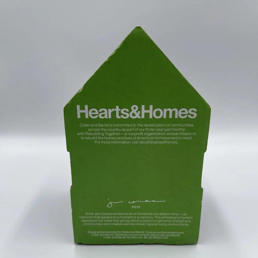 2013 Crate & Barrel Jen Corace Wooden House Christmas Ornament Hearts & Home